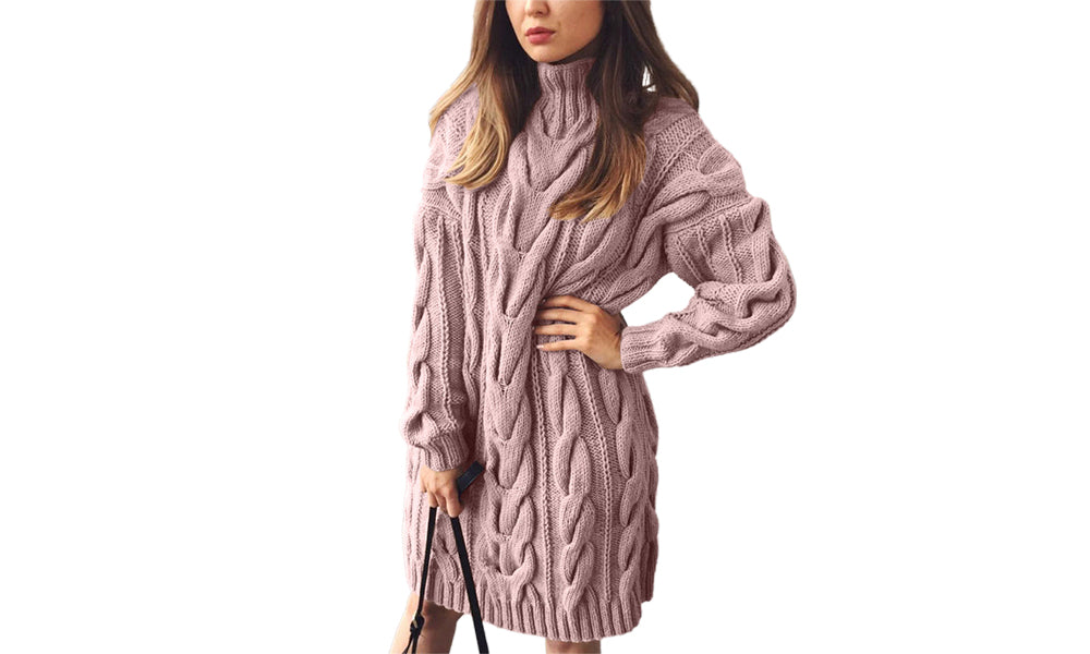 Women High Neck Cable Knit Sweater Dress Turtleneck Sweater Dresses