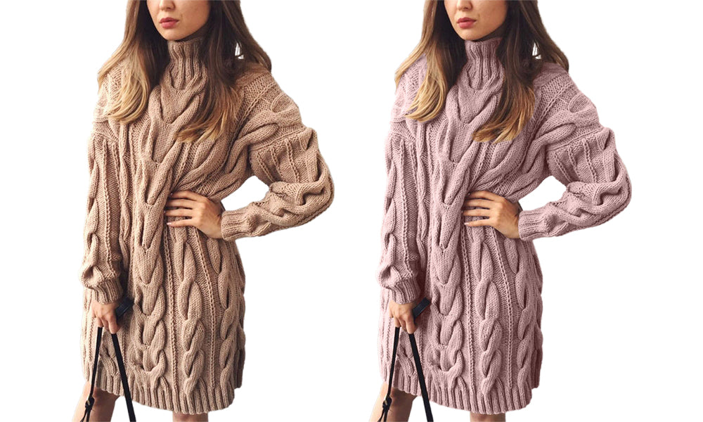 Women High Neck Cable Knit Sweater Dress Turtleneck Sweater Dresses