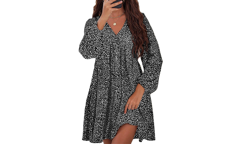 Women's Leopard Floral Printed Long Sleeve Tunic Dress