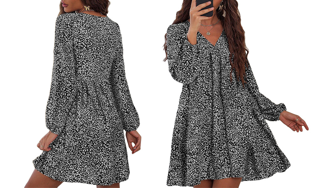 Women's Leopard Floral Printed Long Sleeve Tunic Dress