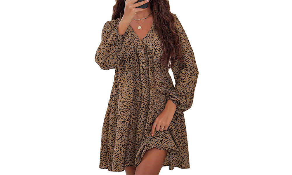 Women's Leopard Floral Printed Long Sleeve Tunic Dress