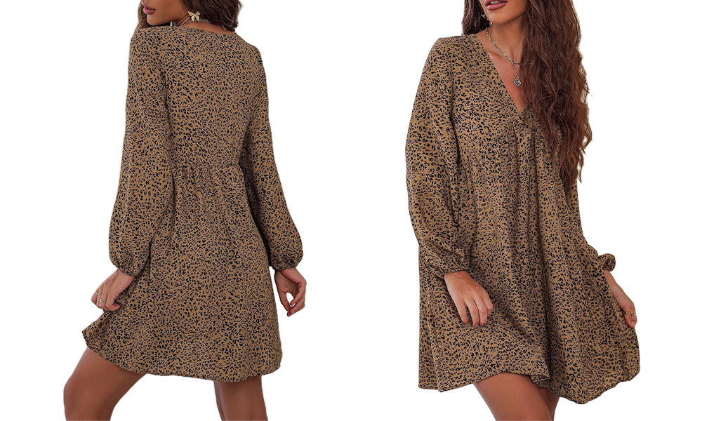 Women's Leopard Floral Printed Long Sleeve Tunic Dress