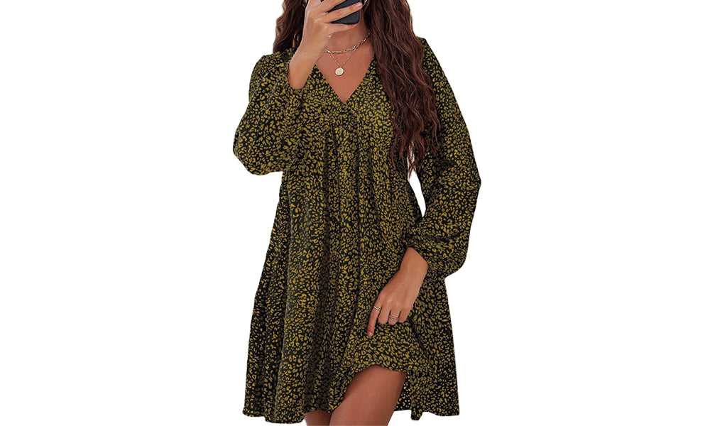 Women's Leopard Floral Printed Long Sleeve Tunic Dress