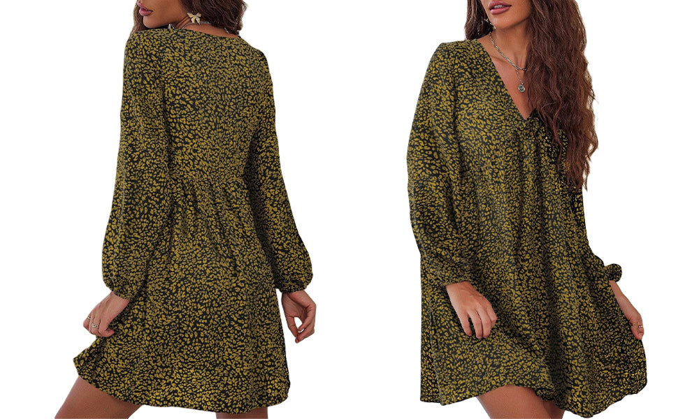 Women's Leopard Floral Printed Long Sleeve Tunic Dress