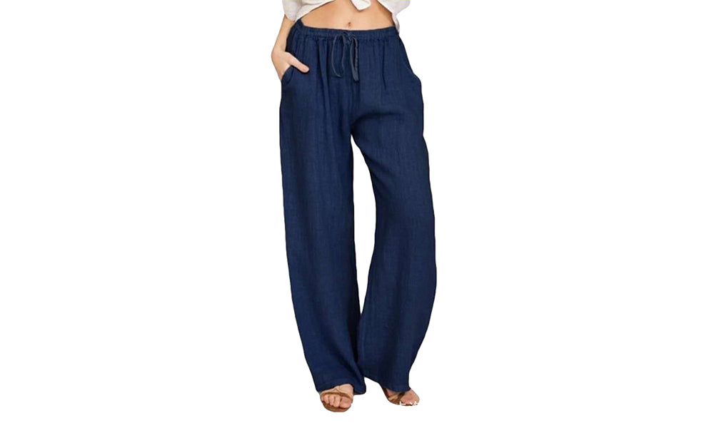 Women's Cotton Linen Drawstring Pants with Pockets-Navy