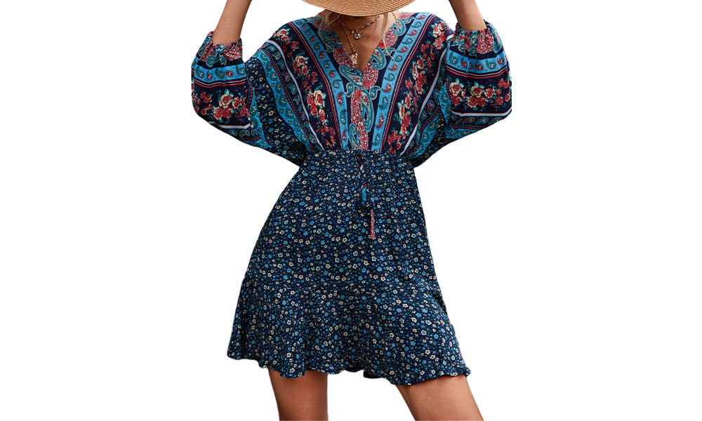 Women Boho 3/4 Sleeve V-Neck Ruffle Floral Flowy Kiddoll Mini Beach Dress