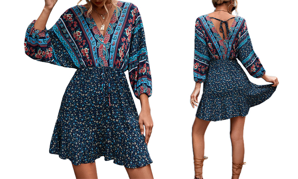 Women Boho 3/4 Sleeve V-Neck Ruffle Floral Flowy Kiddoll Mini Beach Dress