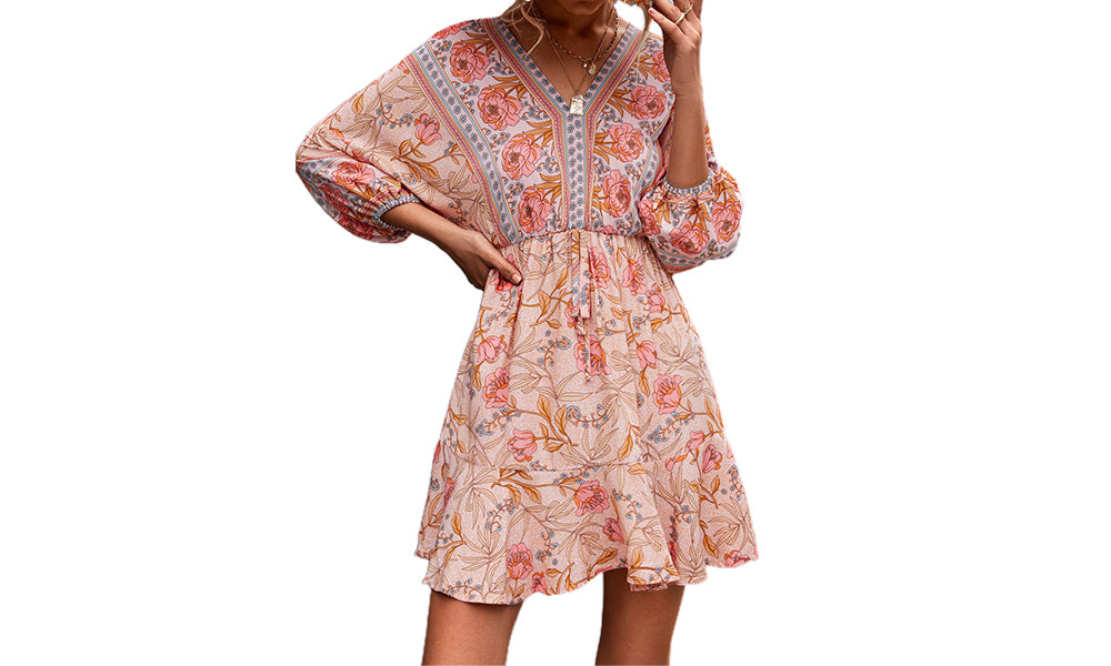 Women Boho 3/4 Sleeve V-Neck Ruffle Floral Flowy Kiddoll Mini Beach Dress