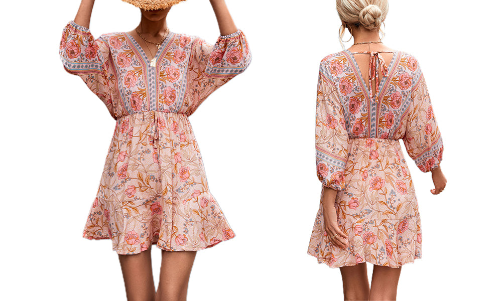 Women Boho 3/4 Sleeve V-Neck Ruffle Floral Flowy Kiddoll Mini Beach Dress