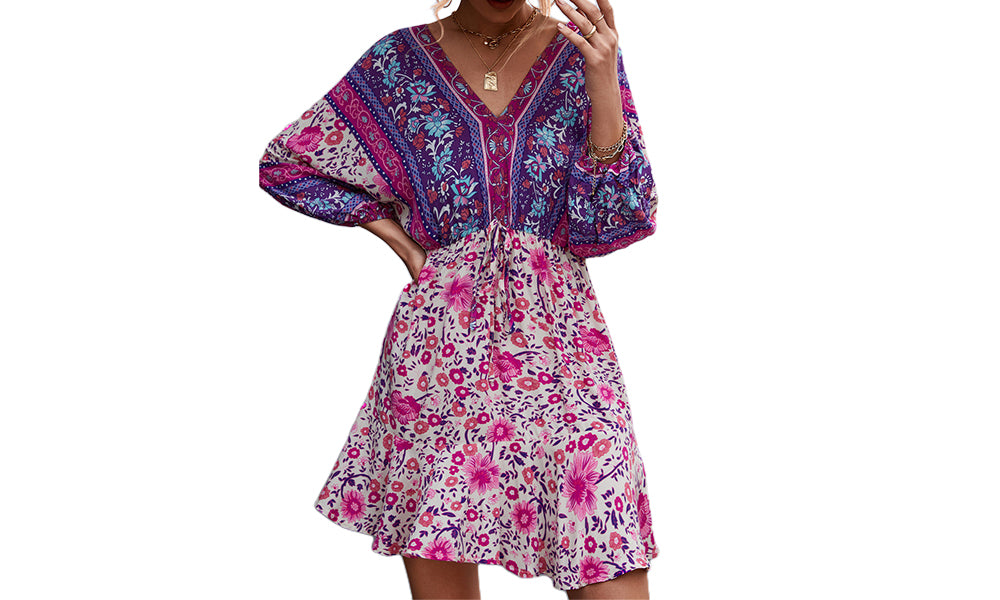 Women Boho 3/4 Sleeve V-Neck Ruffle Floral Flowy Kiddoll Mini Beach Dress