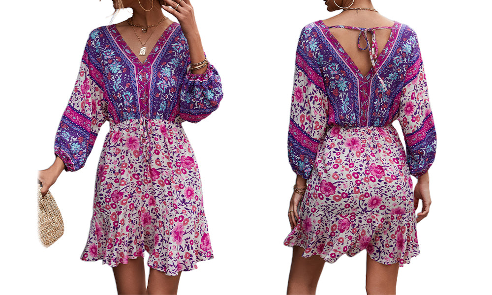 Women Boho 3/4 Sleeve V-Neck Ruffle Floral Flowy Kiddoll Mini Beach Dress