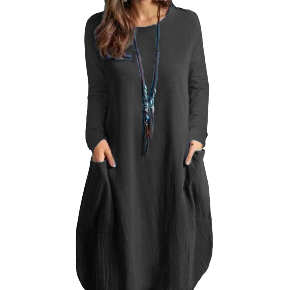 Women's Women Cotton-Blend Crew Neck Dress Oversized Summer Midi Dresses with Pockets