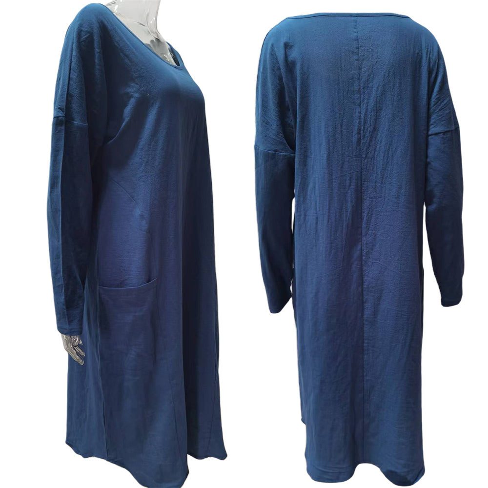 Women's Women Cotton-Blend Crew Neck Dress Oversized Summer Midi Dresses with Pockets