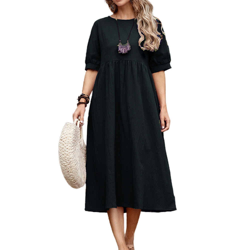 Women's Cotton-Blend Crew Neck Midi Dress Summer Kid Doll Dress