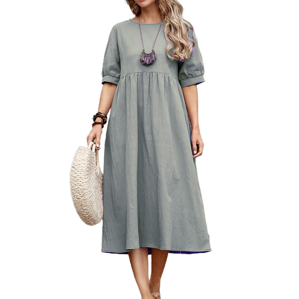 Women's Cotton-Blend Crew Neck Midi Dress Summer Kid Doll Dress