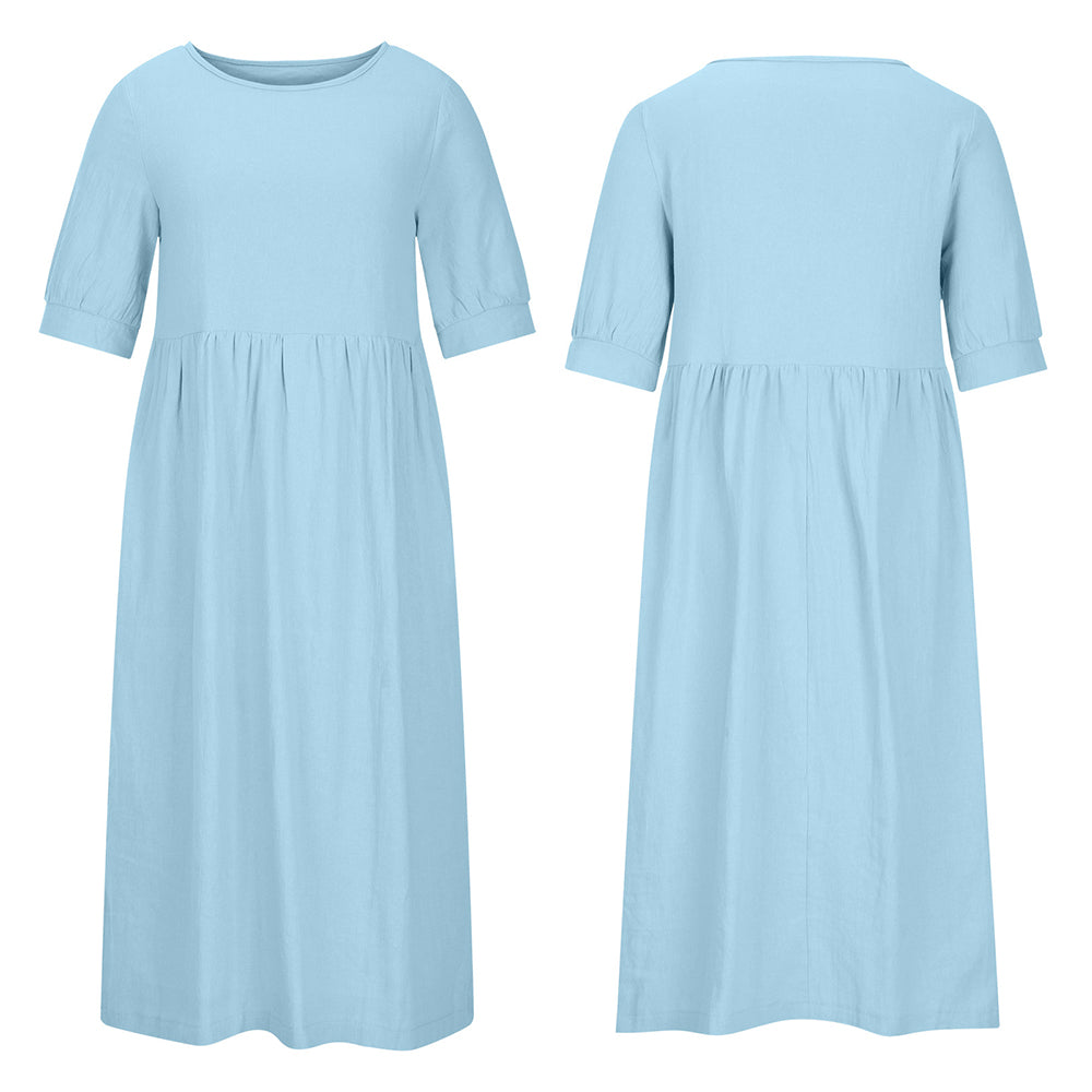 Women's Cotton-Blend Crew Neck Midi Dress Summer Kid Doll Dress