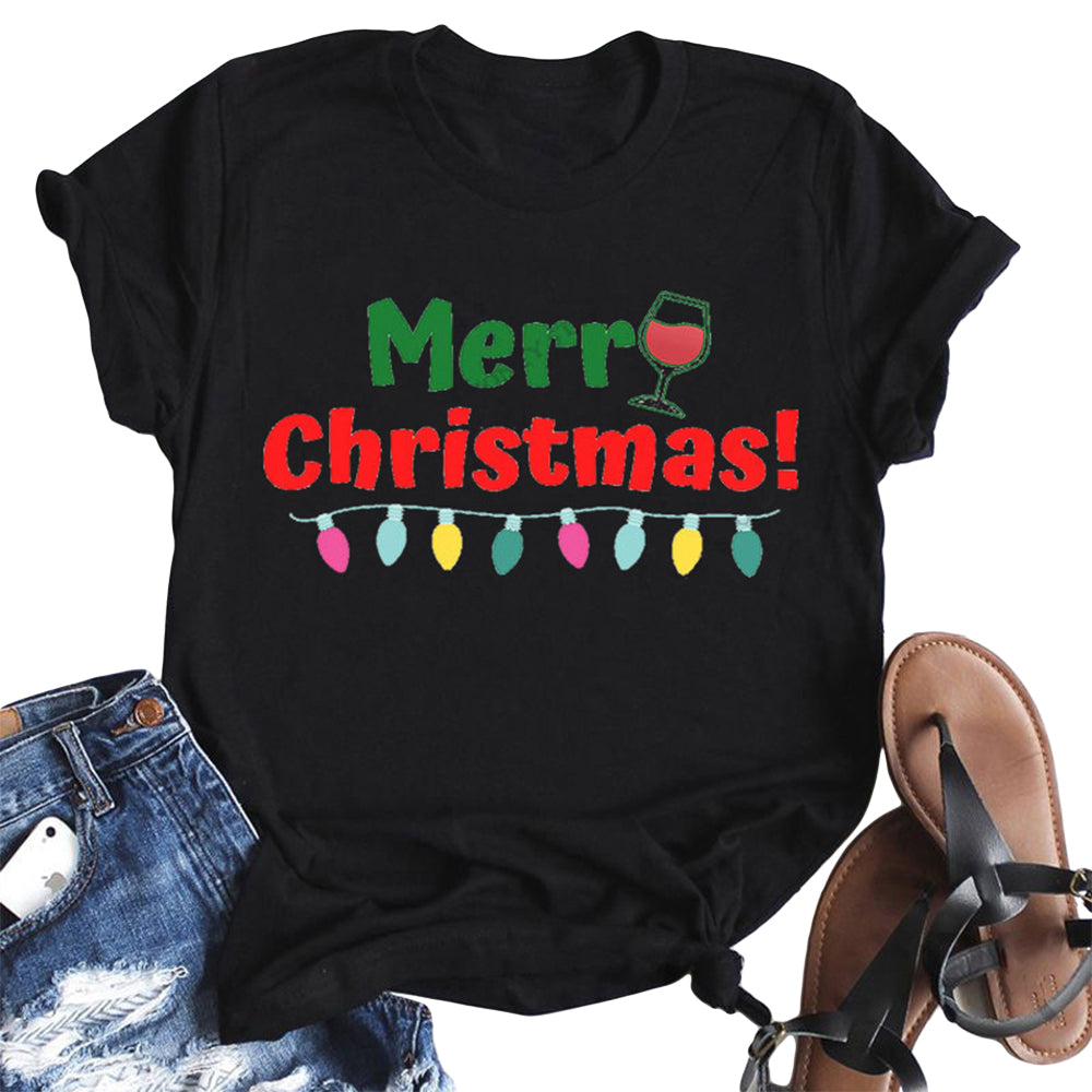 Women Christmas Printed Short Sleeve T-shirts Xmas Tee Basic Tops