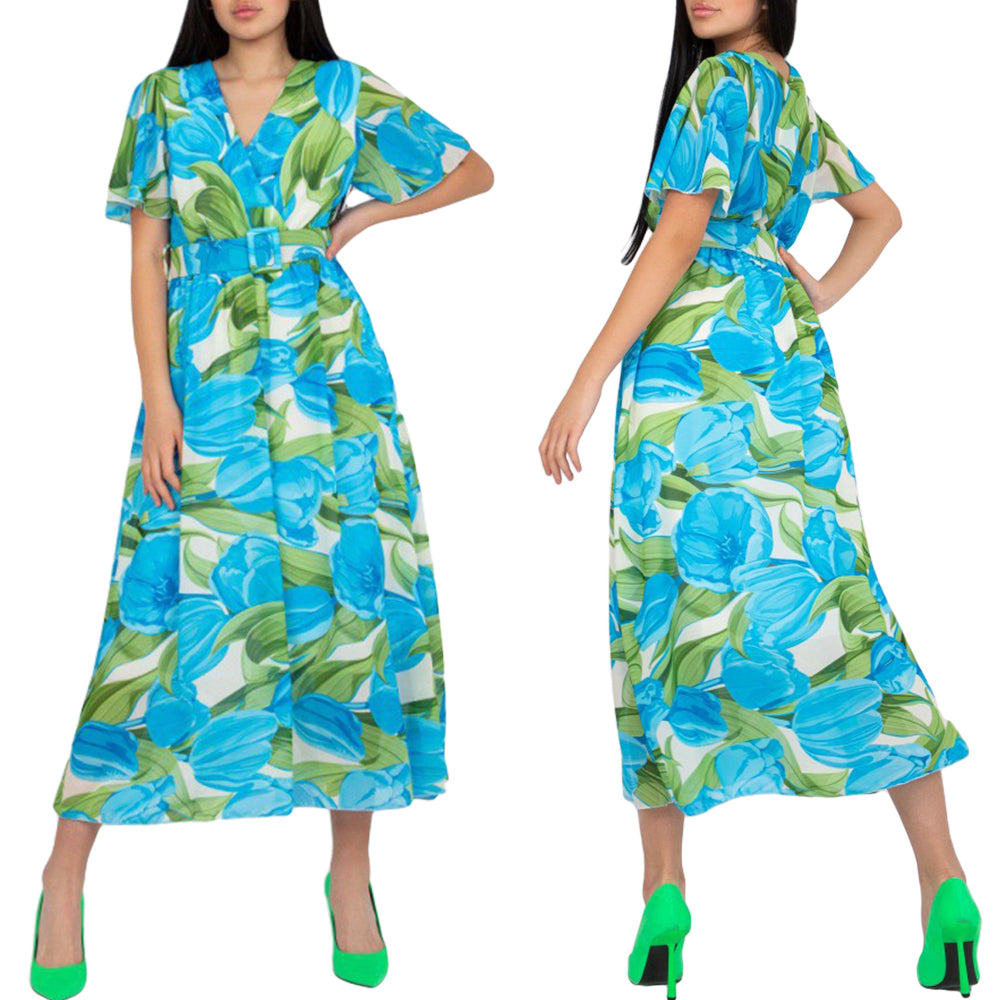 Women Floral Wrap V Neck Swing Hem Midi Dress with Waist Belt
