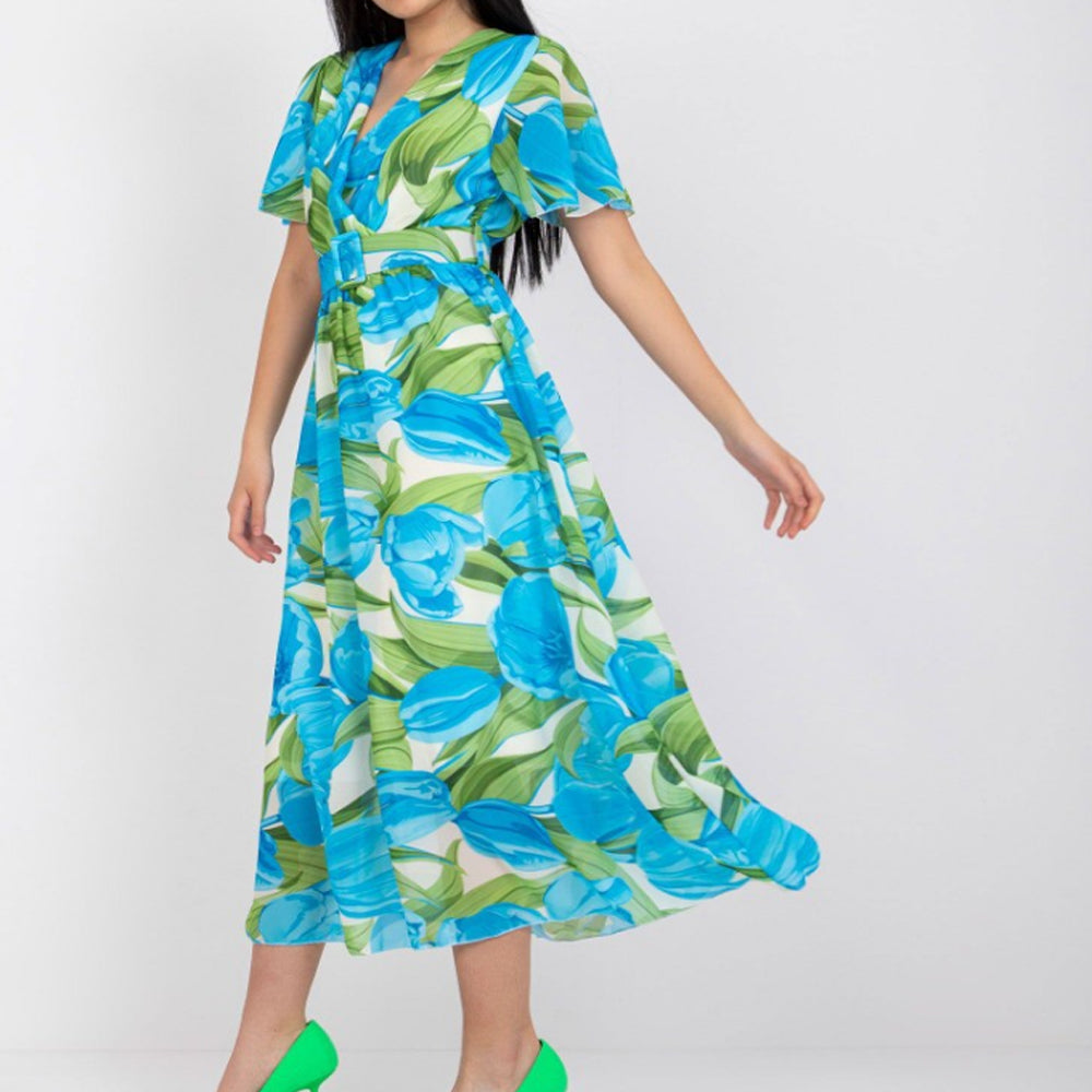 Women Floral Wrap V Neck Swing Hem Midi Dress with Waist Belt