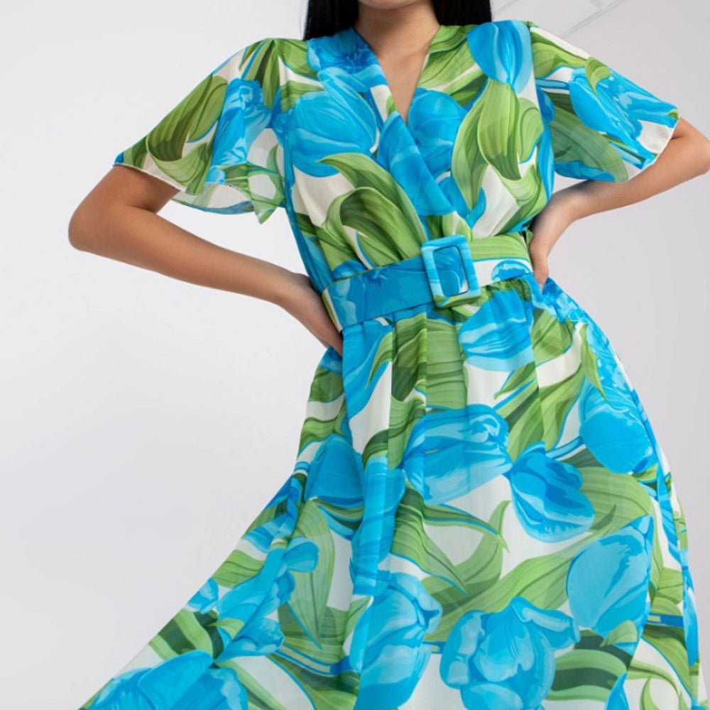 Women Floral Wrap V Neck Swing Hem Midi Dress with Waist Belt