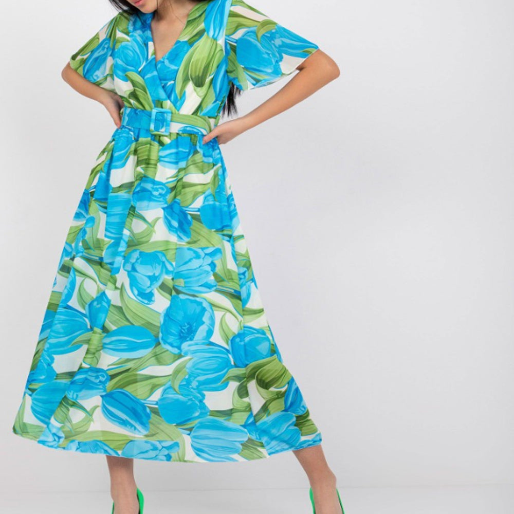 Women Floral Wrap V Neck Swing Hem Midi Dress with Waist Belt
