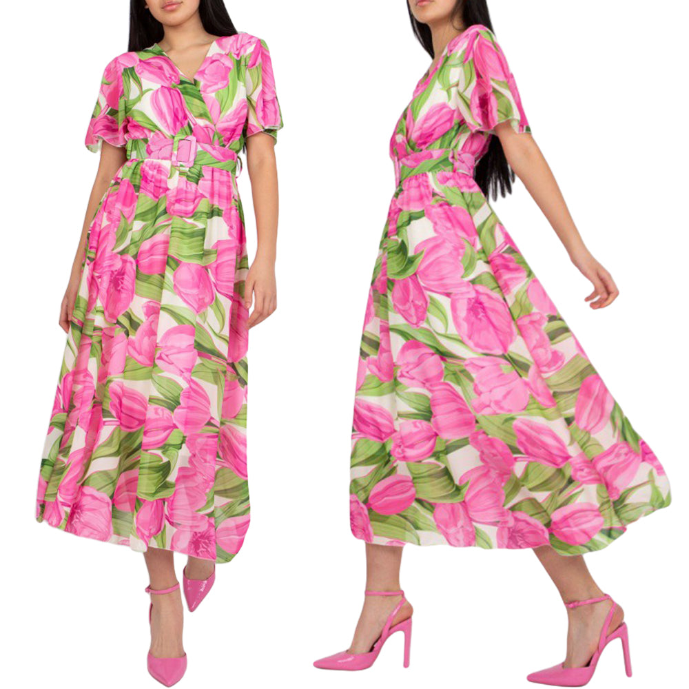 Women Floral Wrap V Neck Swing Hem Midi Dress with Waist Belt