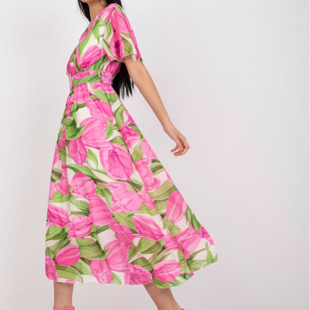 Women Floral Wrap V Neck Swing Hem Midi Dress with Waist Belt