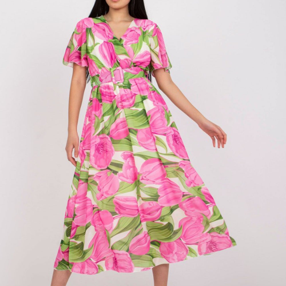Women Floral Wrap V Neck Swing Hem Midi Dress with Waist Belt