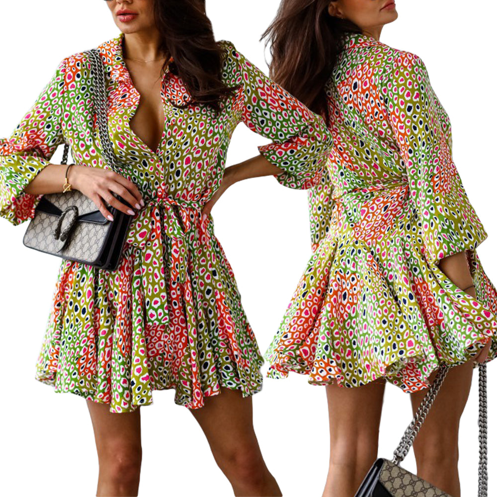 Women's Button Down Full Printed V Neck Shirt Dresses