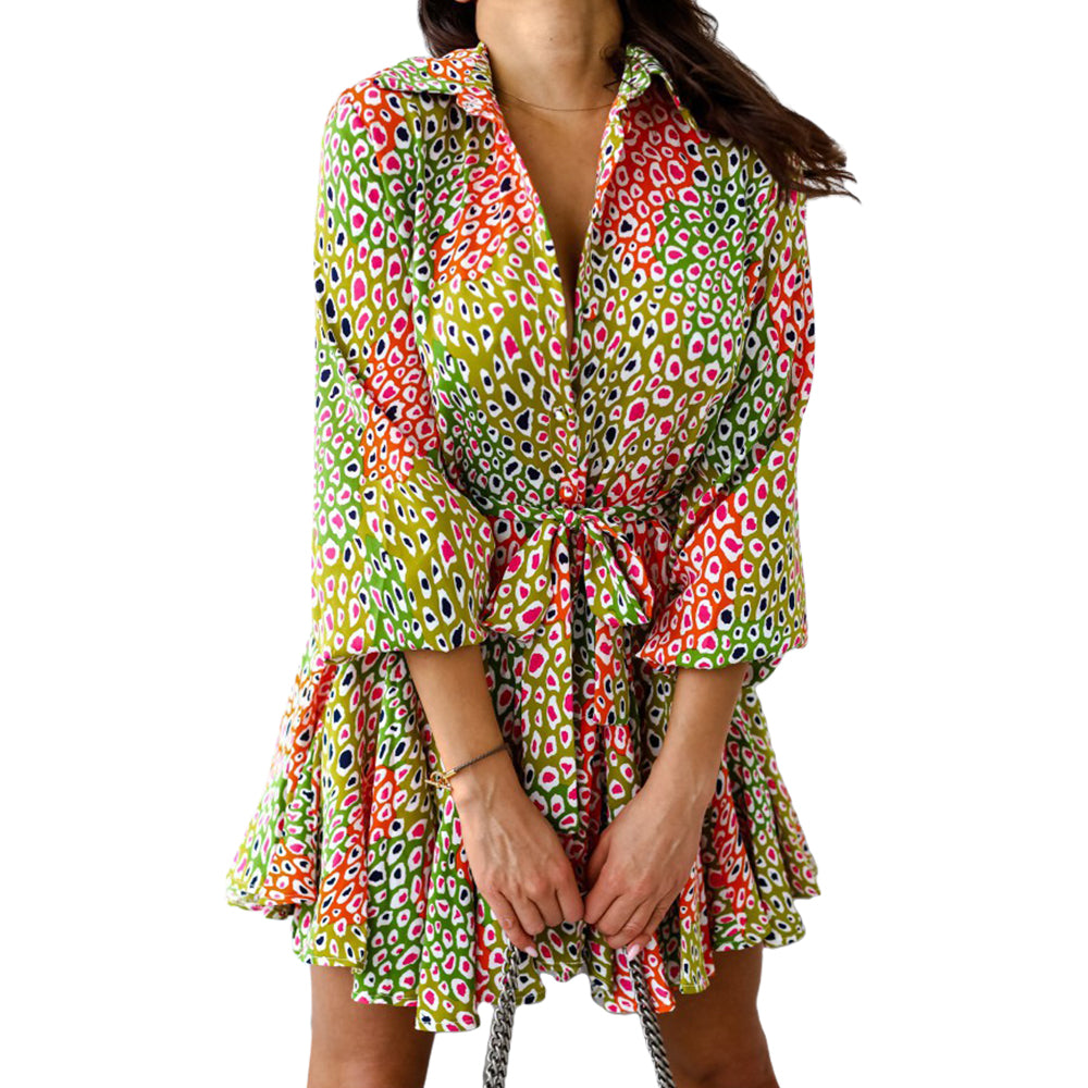 Women's Button Down Full Printed V Neck Shirt Dresses