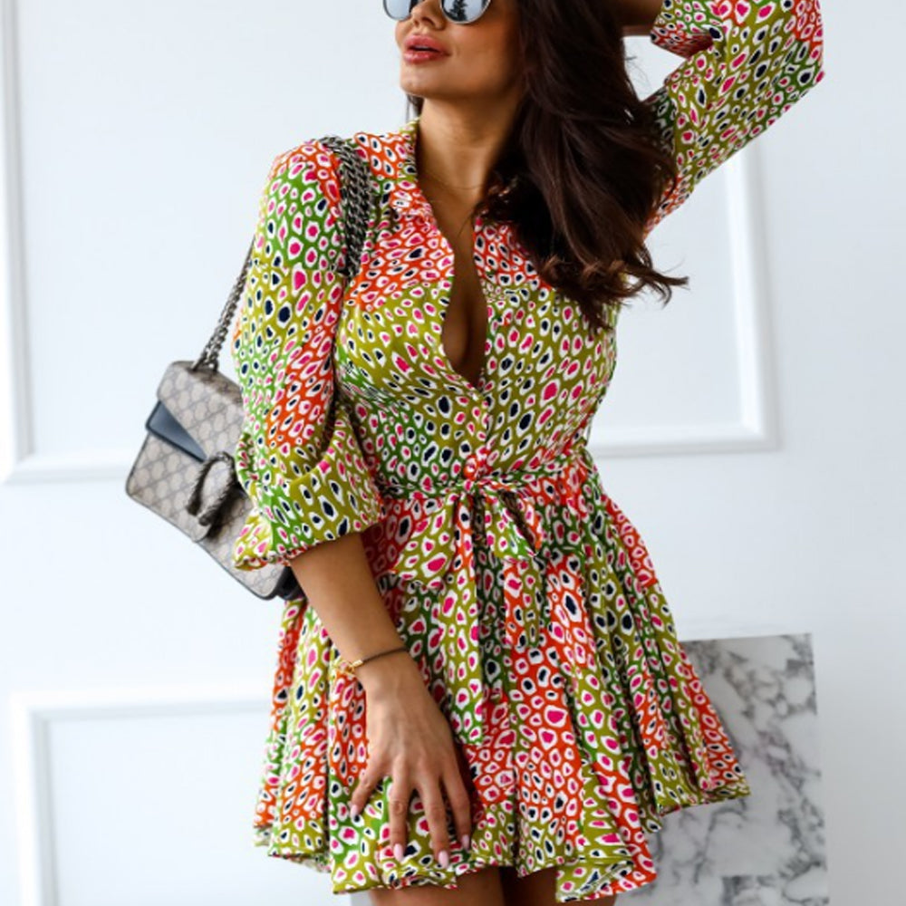 Women's Button Down Full Printed V Neck Shirt Dresses
