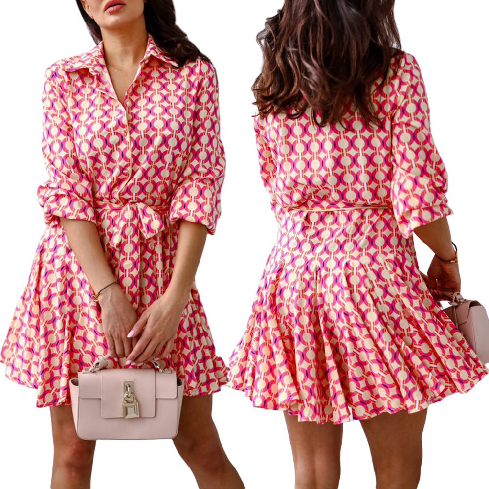 Women's Button Down Full Printed V Neck Shirt Dresses