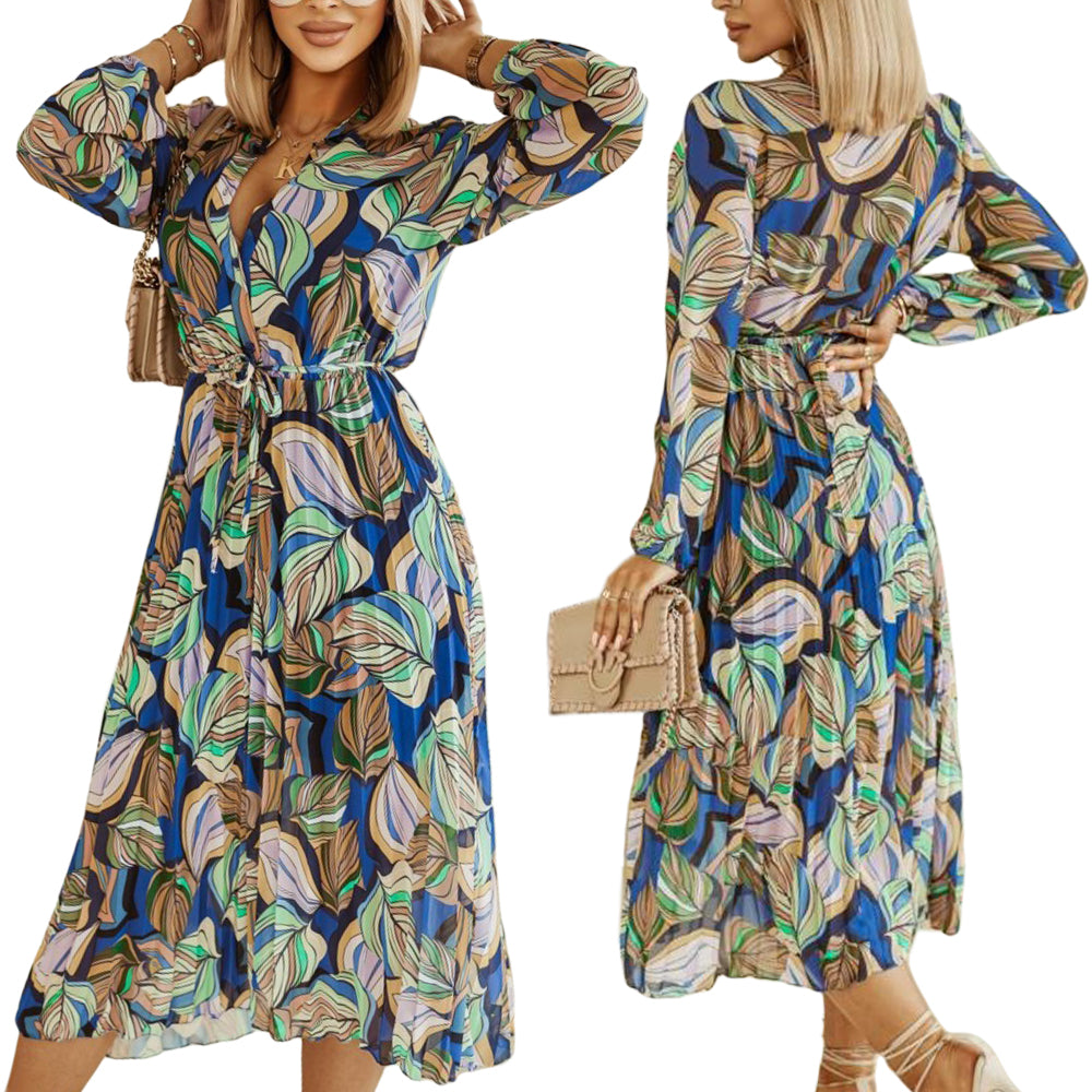 Women's Casual Floral Deep V Neck Long Sleeve Long Evening Dress