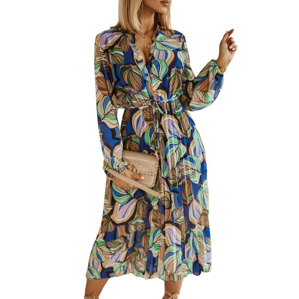 Women's Casual Floral Deep V Neck Long Sleeve Long Evening Dress