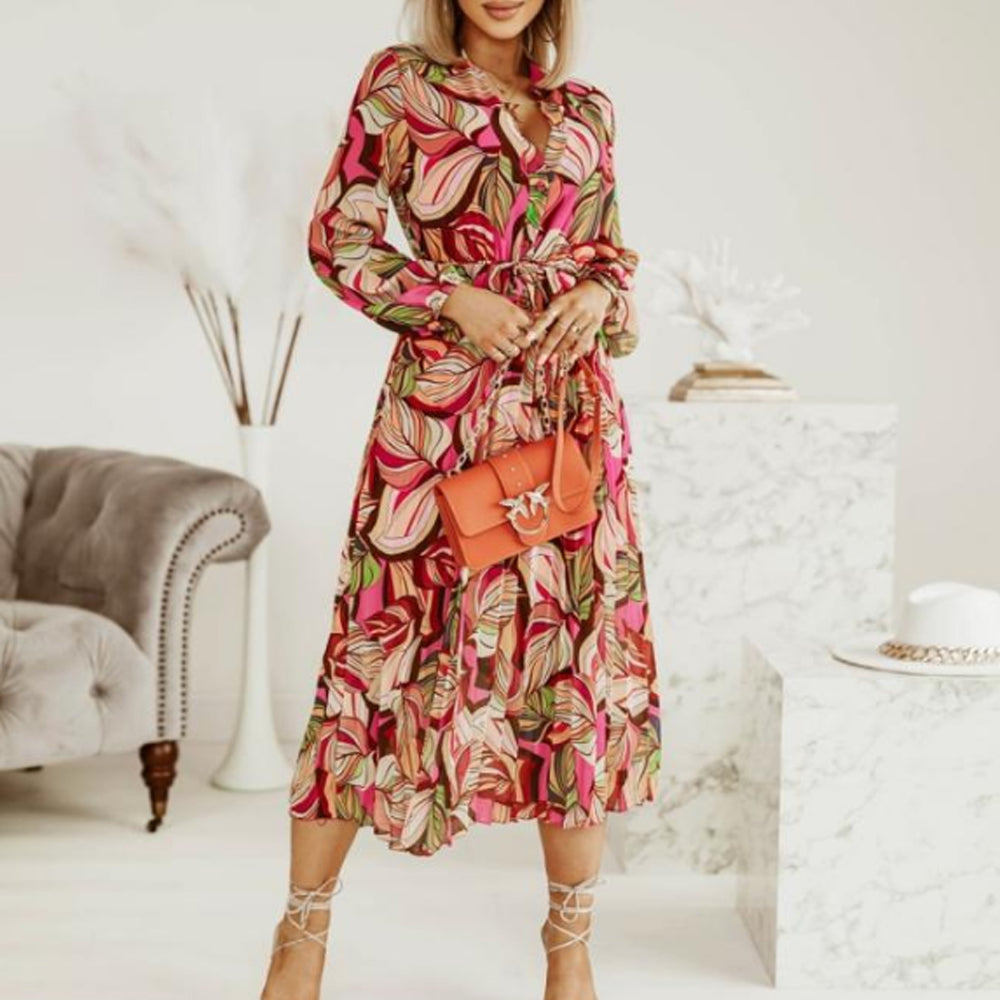 Women's Casual Floral Deep V Neck Long Sleeve Long Evening Dress