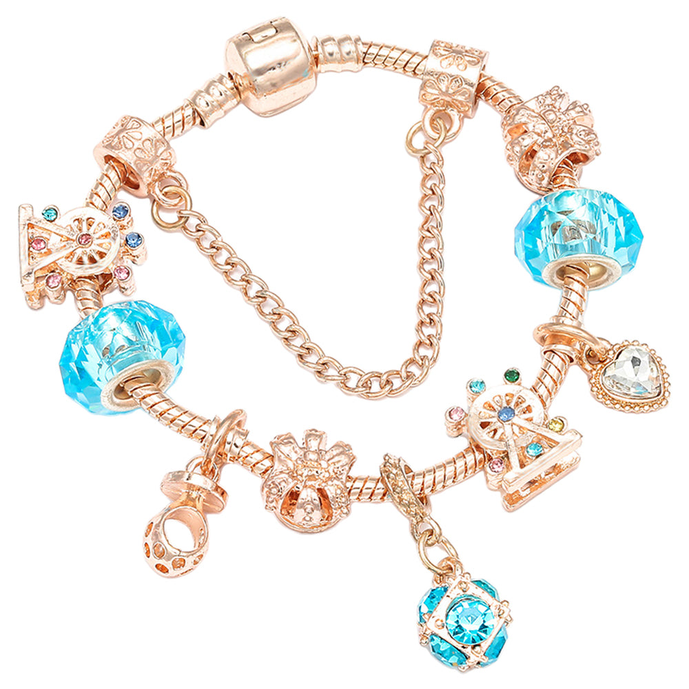 Women's Rose Gold Love Heart Charm Bracelets with Glass Beads