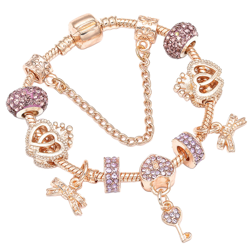 Women's Rose Gold Love Heart Charm Bracelets with Glass Beads