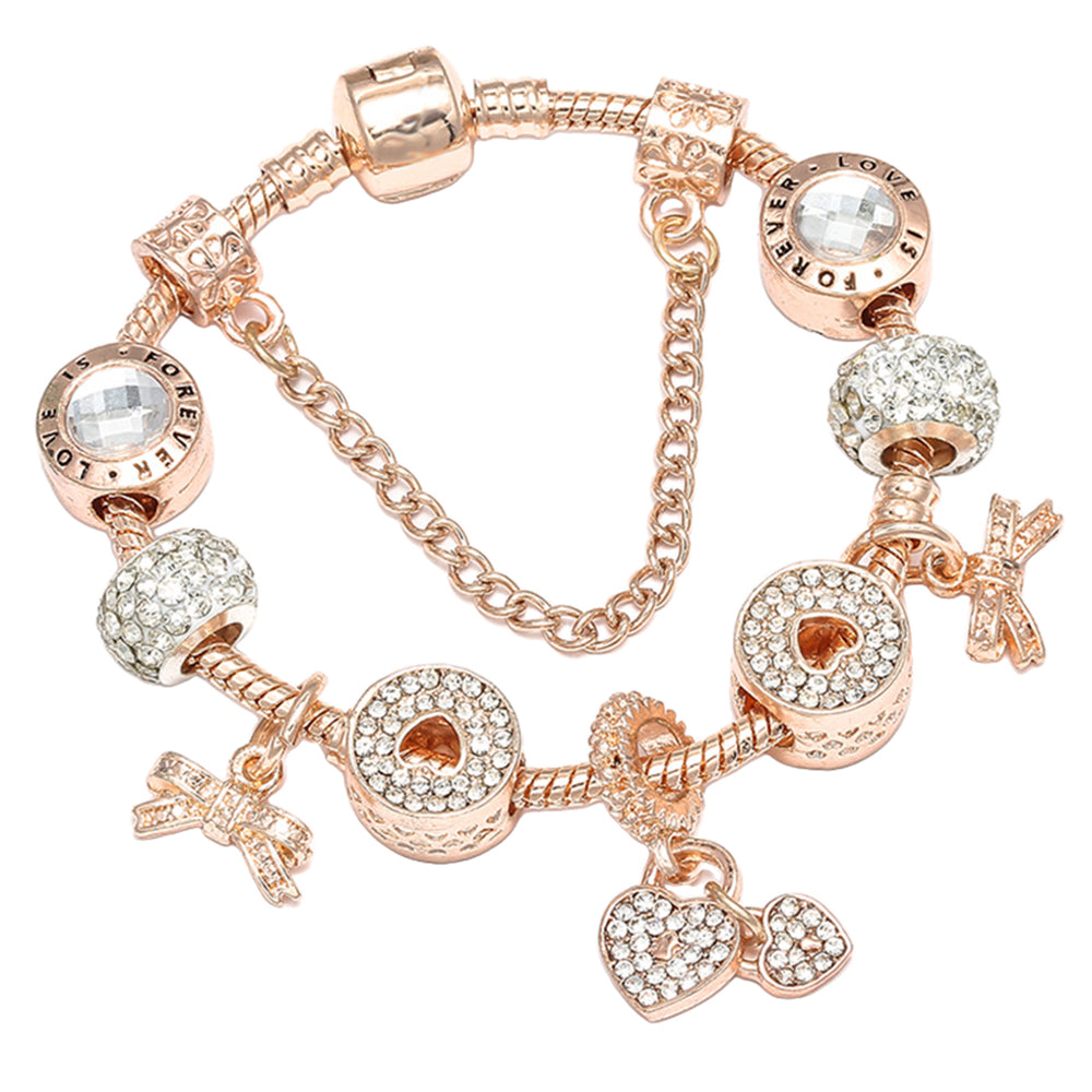 Women's Rose Gold Love Heart Charm Bracelets with Glass Beads