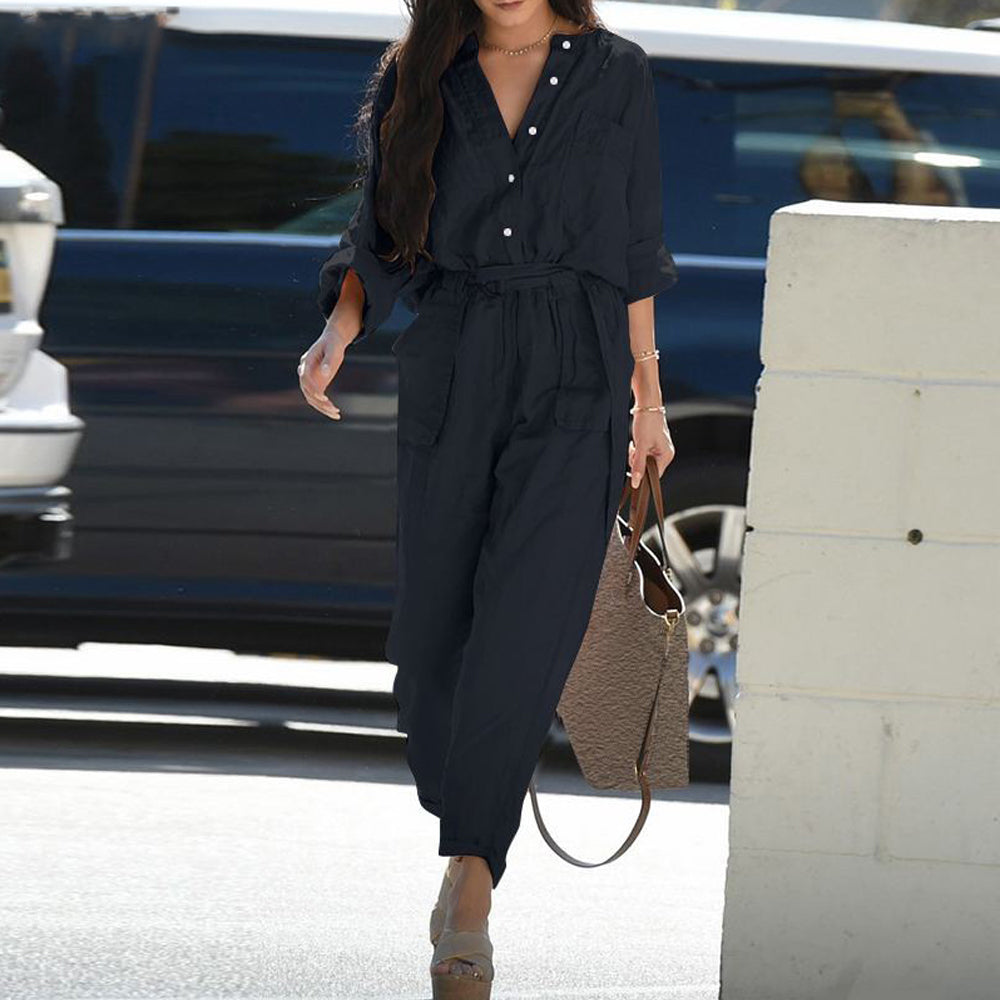Women's Tie Waist Cargo Jumpsuit Long Sleeve Button Down Romper Overalls