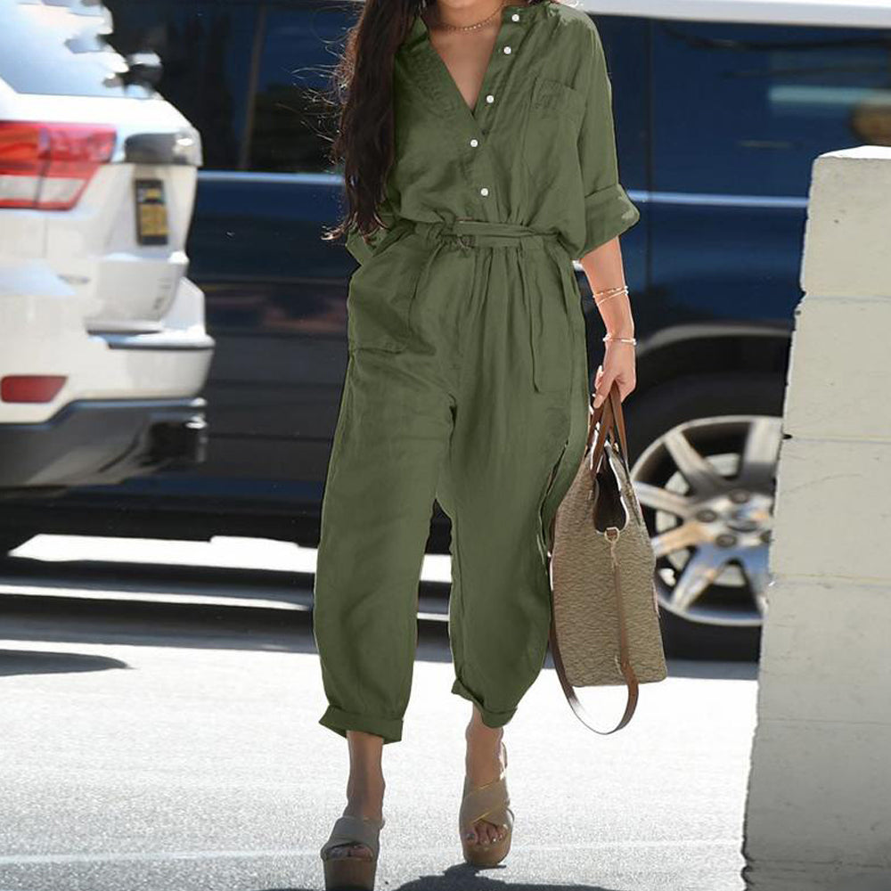 Women's Tie Waist Cargo Jumpsuit Long Sleeve Button Down Romper Overalls