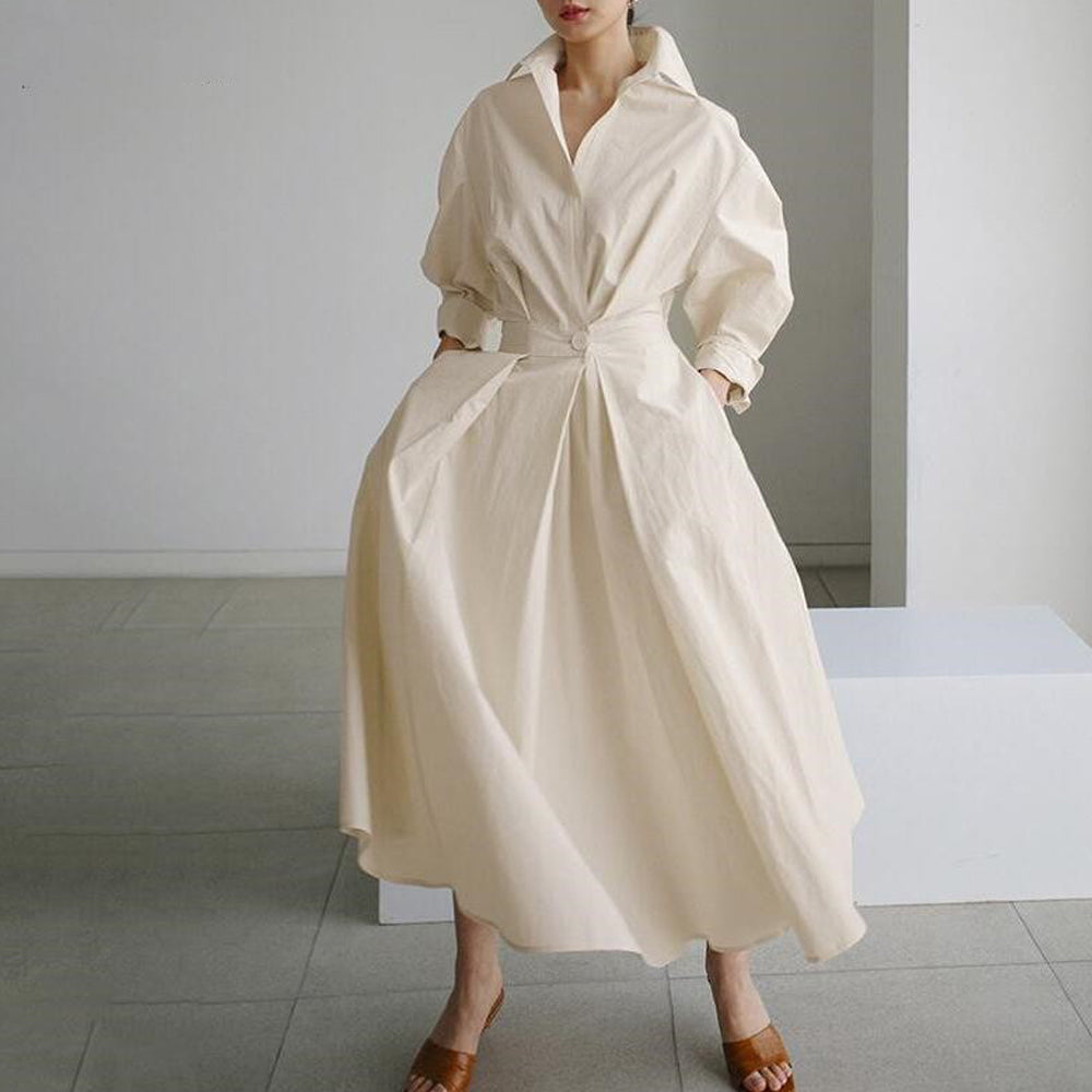 Women Elegant Cotton Lapel Shirt Dress