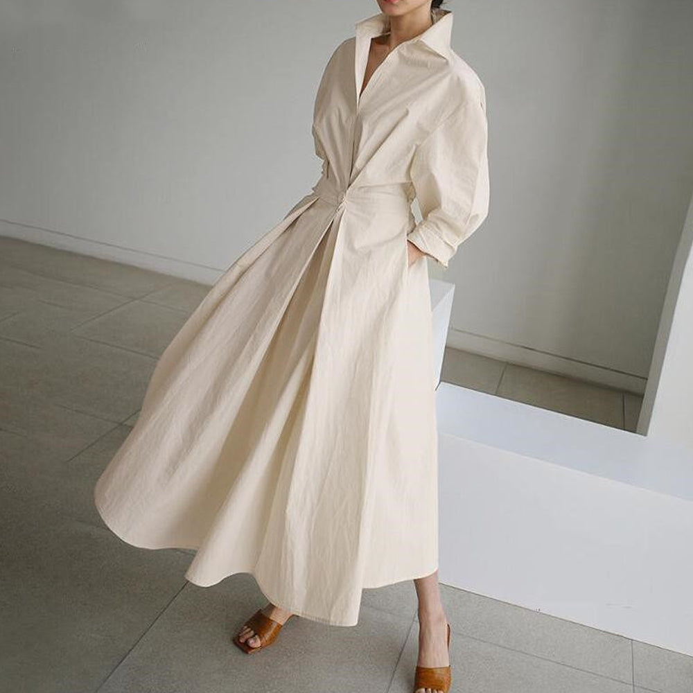 Women Elegant Cotton Lapel Shirt Dress