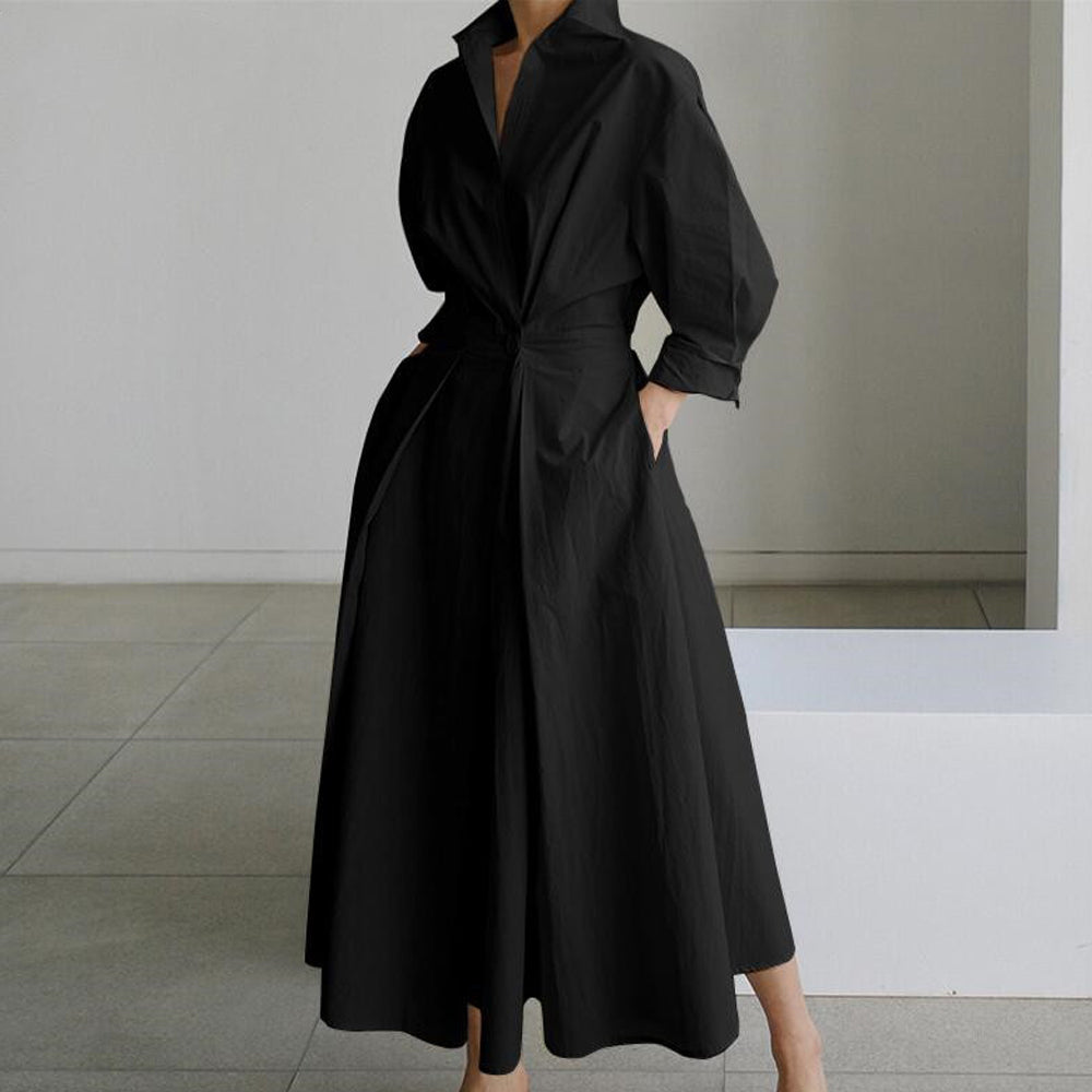 Women Elegant Cotton Lapel Shirt Dress