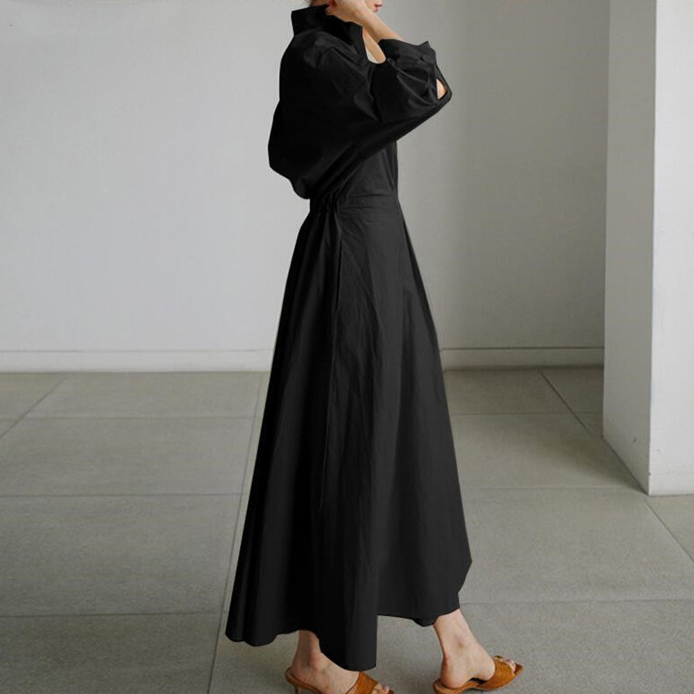 Women Elegant Cotton Lapel Shirt Dress