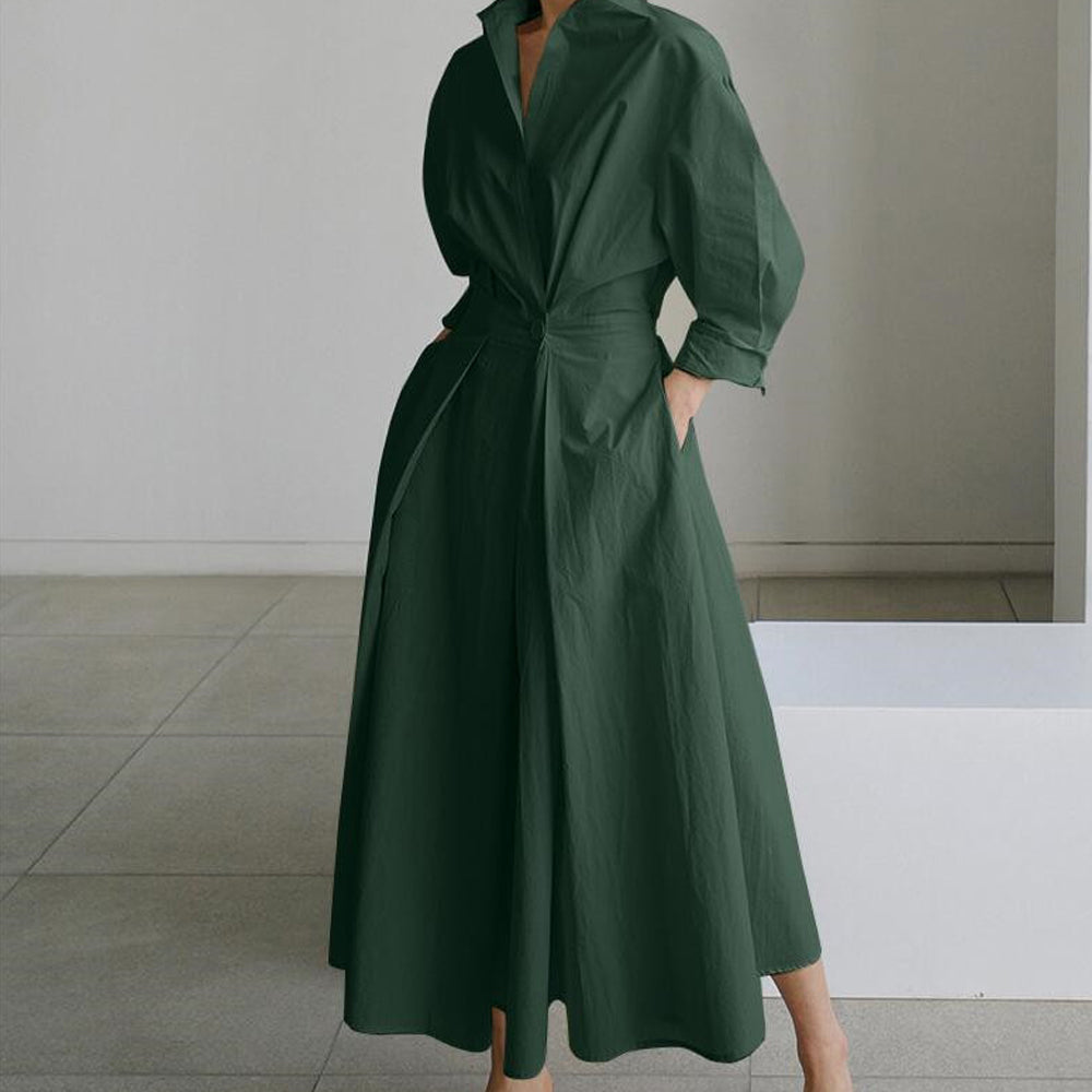 Women Elegant Cotton Lapel Shirt Dress