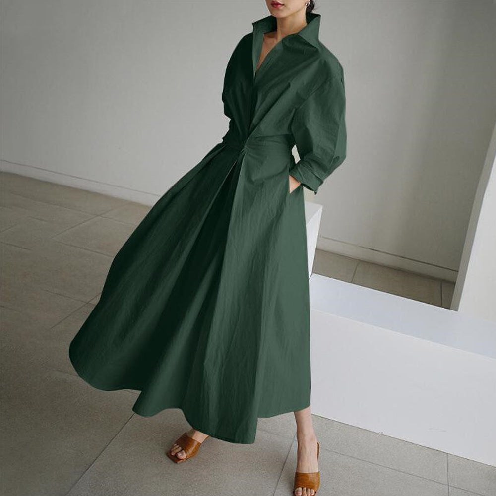 Women Elegant Cotton Lapel Shirt Dress