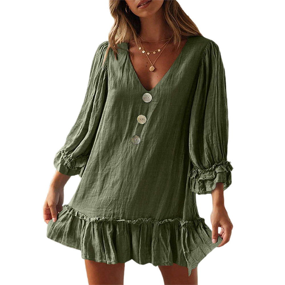 Women's 3/4 Sleeve V Neck Ruffle Hem Dress