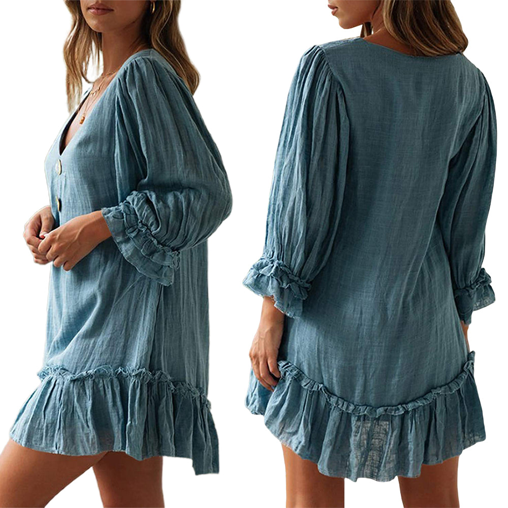 Women's 3/4 Sleeve V Neck Ruffle Hem Dress