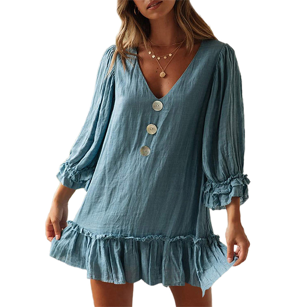 Women's 3/4 Sleeve V Neck Ruffle Hem Dress