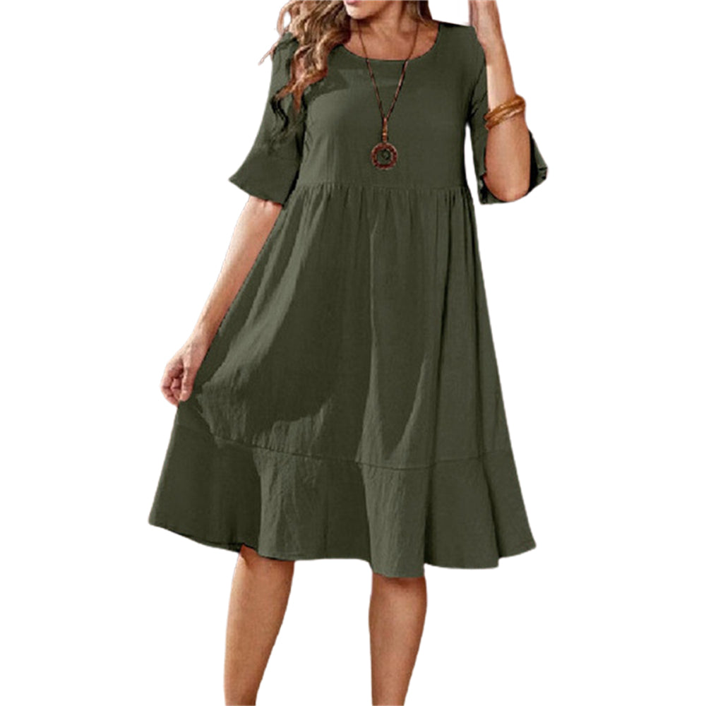 Women's Cotton Round Neck Short Sleeve Ruffle Hem Dress Kiddoll Beach Dress
